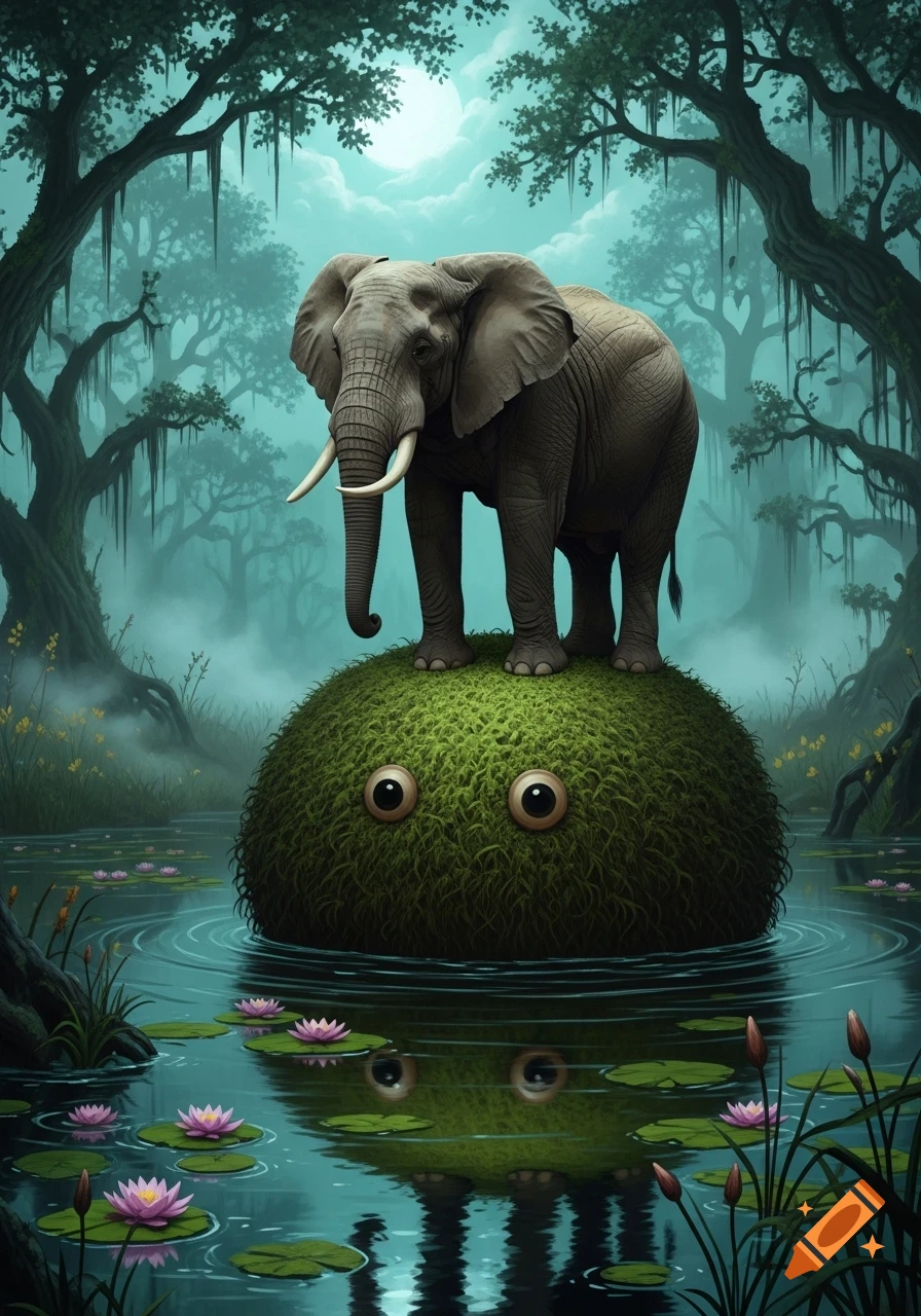A large elephant stands on a round, moss-covered creature with big eyes, floating in a swamp with lily pads and trees.