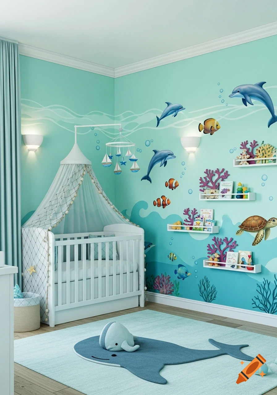 A baby's nursery with teal walls, ocean murals of dolphins, fish, and a sea turtle. A white crib with a canopy stands beside a whale-shaped rug.