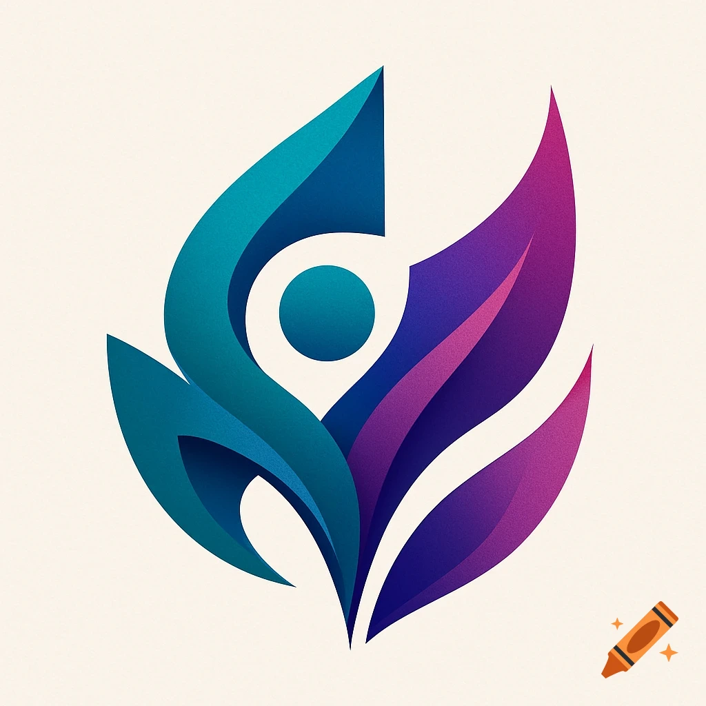 Abstract logo design featuring overlapping teal and purple curved shapes forming a stylized icon.