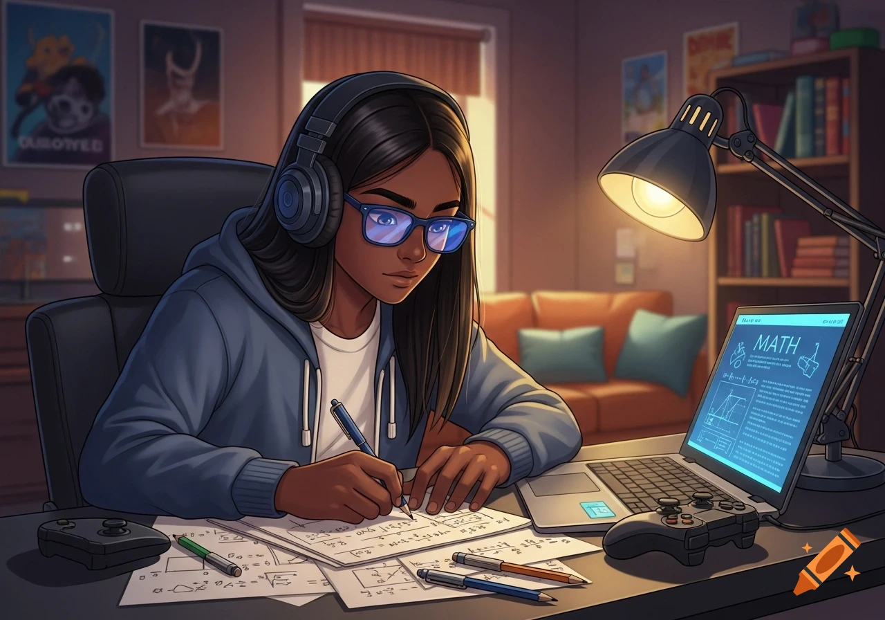 An anime-style female teenager with dark skin and blue glasses wears headphones while writing math equations at a desk with a laptop and gaming controller.