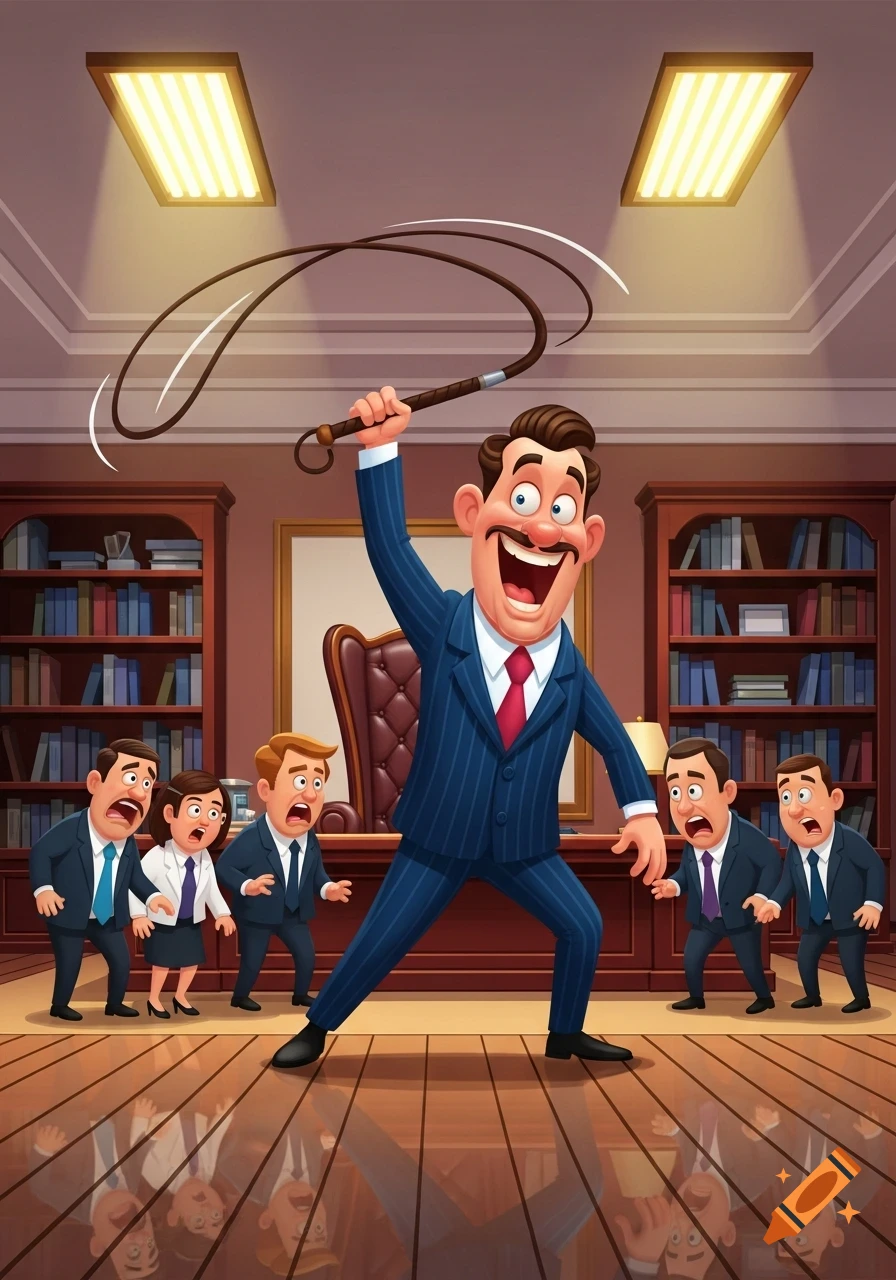 Cartoon CEO with a mustache gleefully cracks a whip over frightened employees in an office setting.