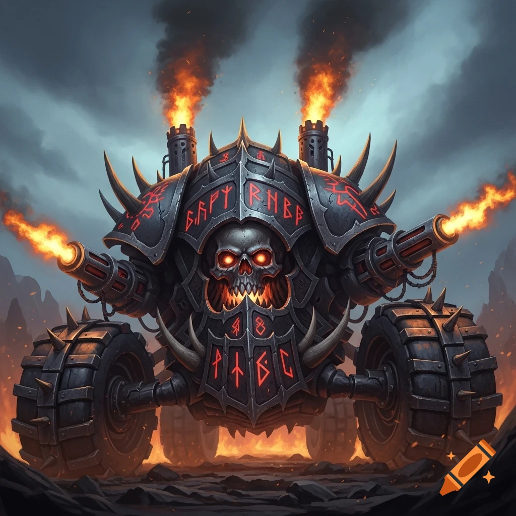 A dark, spiky, armored fantasy war machine with a skull face, glowing red eyes, fiery smoke stacks, and spiked wheels.