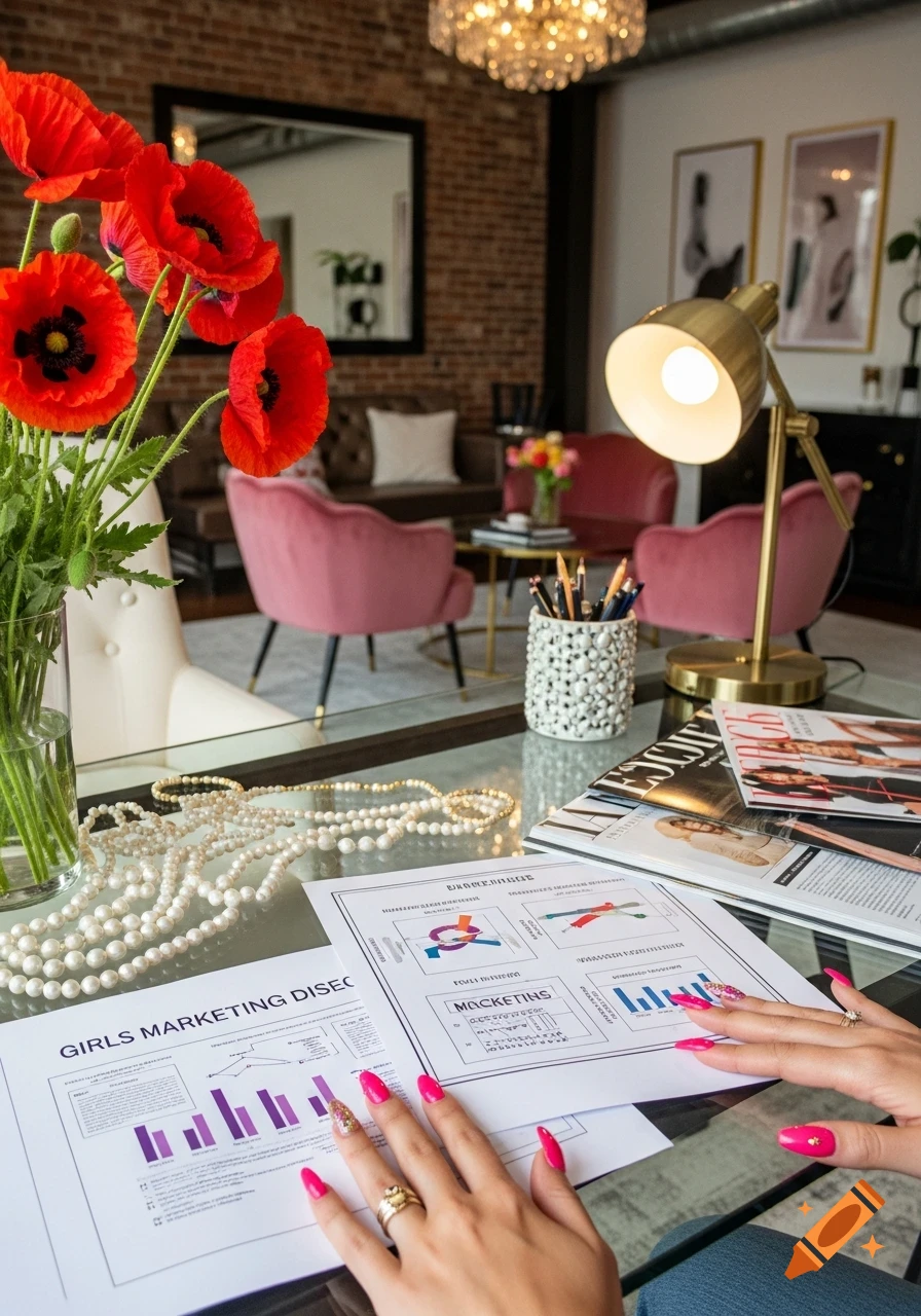 Hands with pink nails on marketing documents on a glass table, surrounded by red poppies, pearls, and a gold lamp, in a stylish room.