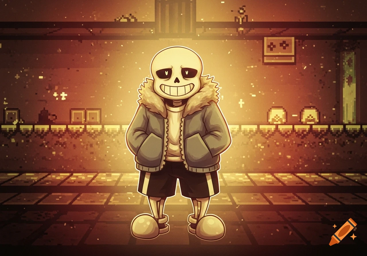 Sans from Undertale, a smiling skeleton in a blue jacket, stands in a pixelated, orange-hued dungeon-like room.