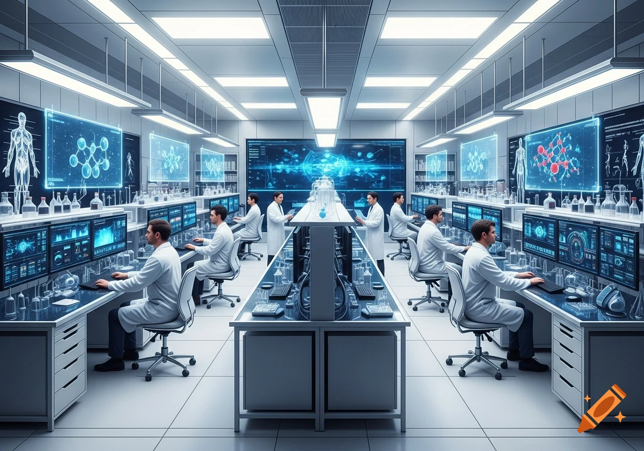 Scientists in white lab coats work at desks with multiple computer screens in a futuristic, brightly lit laboratory.