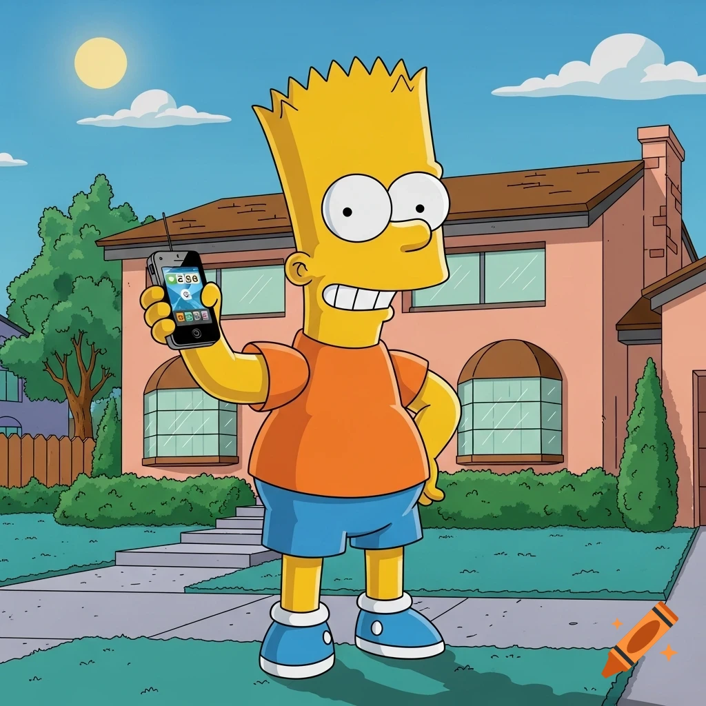 Bart Simpson stands outside his house, holding an iPhone and smiling in a bright, clear cartoon style.