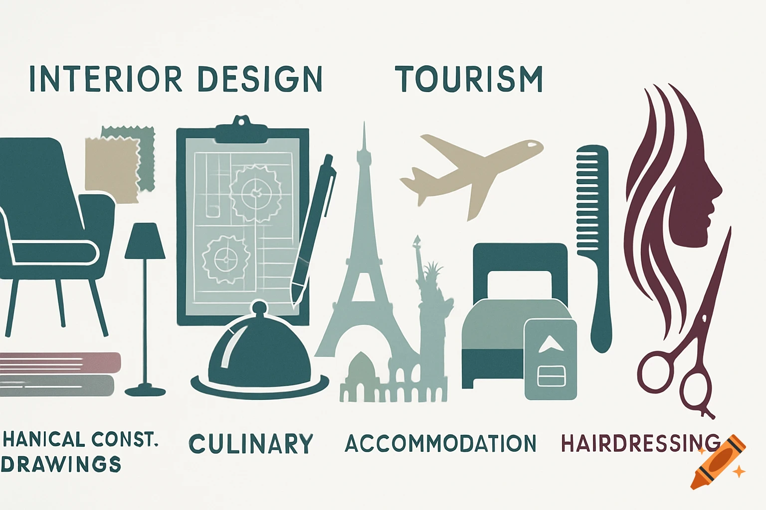Flat design icons representing professional courses: interior design, mechanical construction, tourism, culinary, accommodation, and hairdressing.