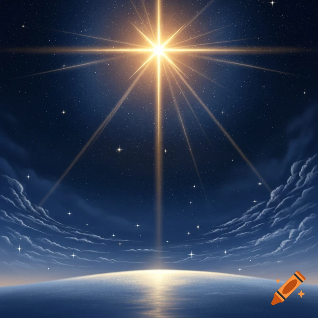 A brilliant golden star shines brightly in a dark blue night sky with scattered stars and luminous clouds, reflecting on a distant horizon.