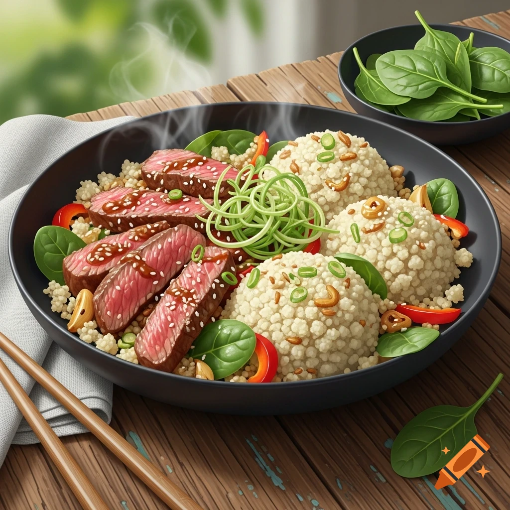 Photorealistic image of a bowl of sliced beef and cauliflower rice with spinach, peppers, and green onions on a wooden table with chopsticks.