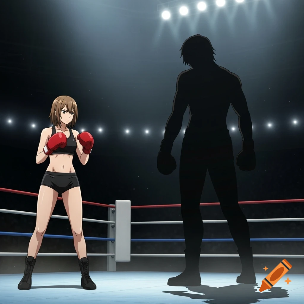Anime woman boxer in a black sports bra and shorts, red gloves, stands ready to spar a silhouette opponent in a brightly lit boxing ring.