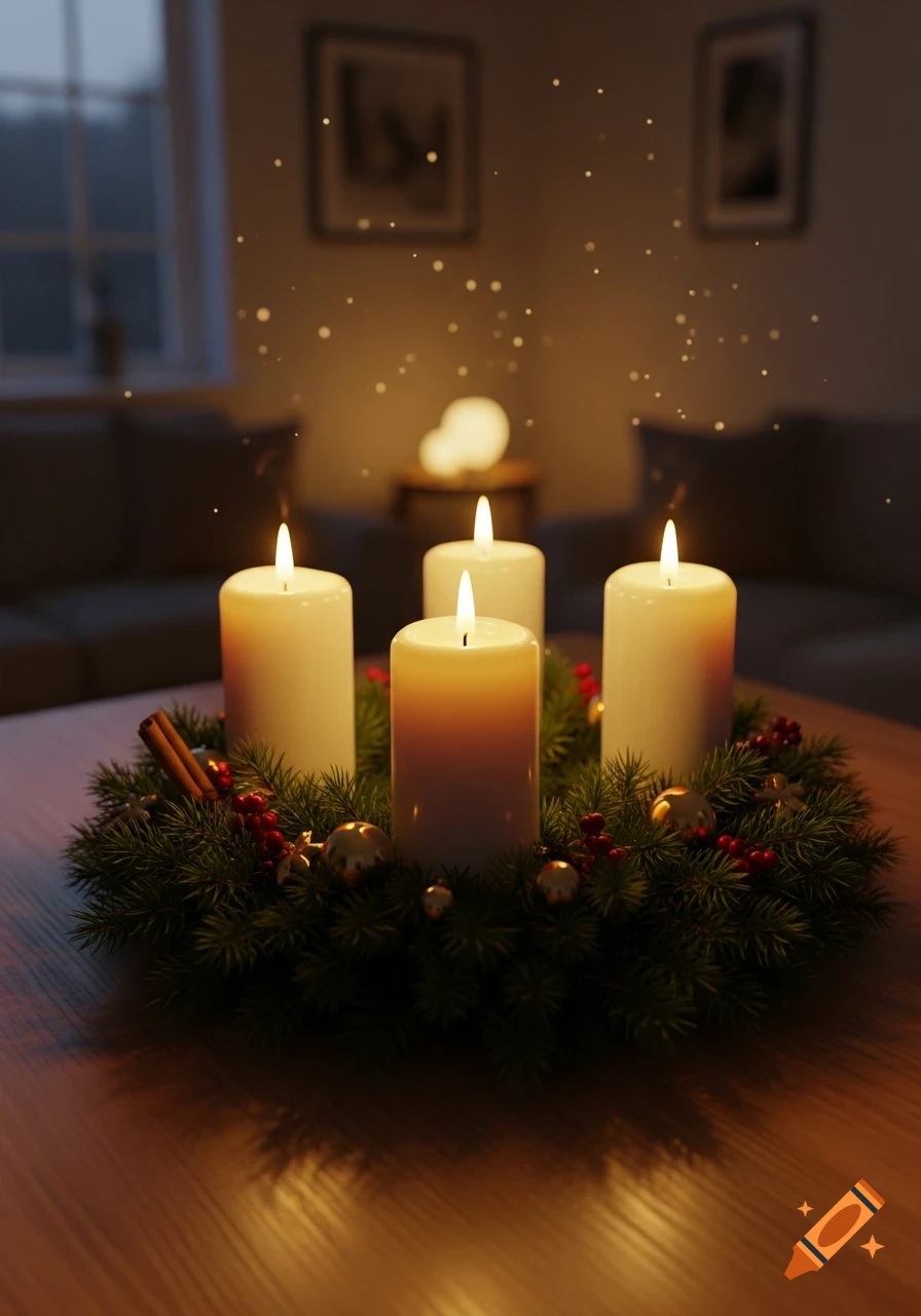 An advent wreath with four lit candles, evergreen branches, red berries, and gold ornaments on a wooden table in a dimly lit room, creating a festive atmosphere.