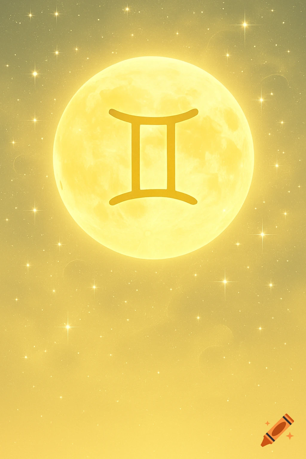 A glowing yellow full moon with a golden Gemini zodiac symbol against a starry yellow sky, celestial and dreamy.
