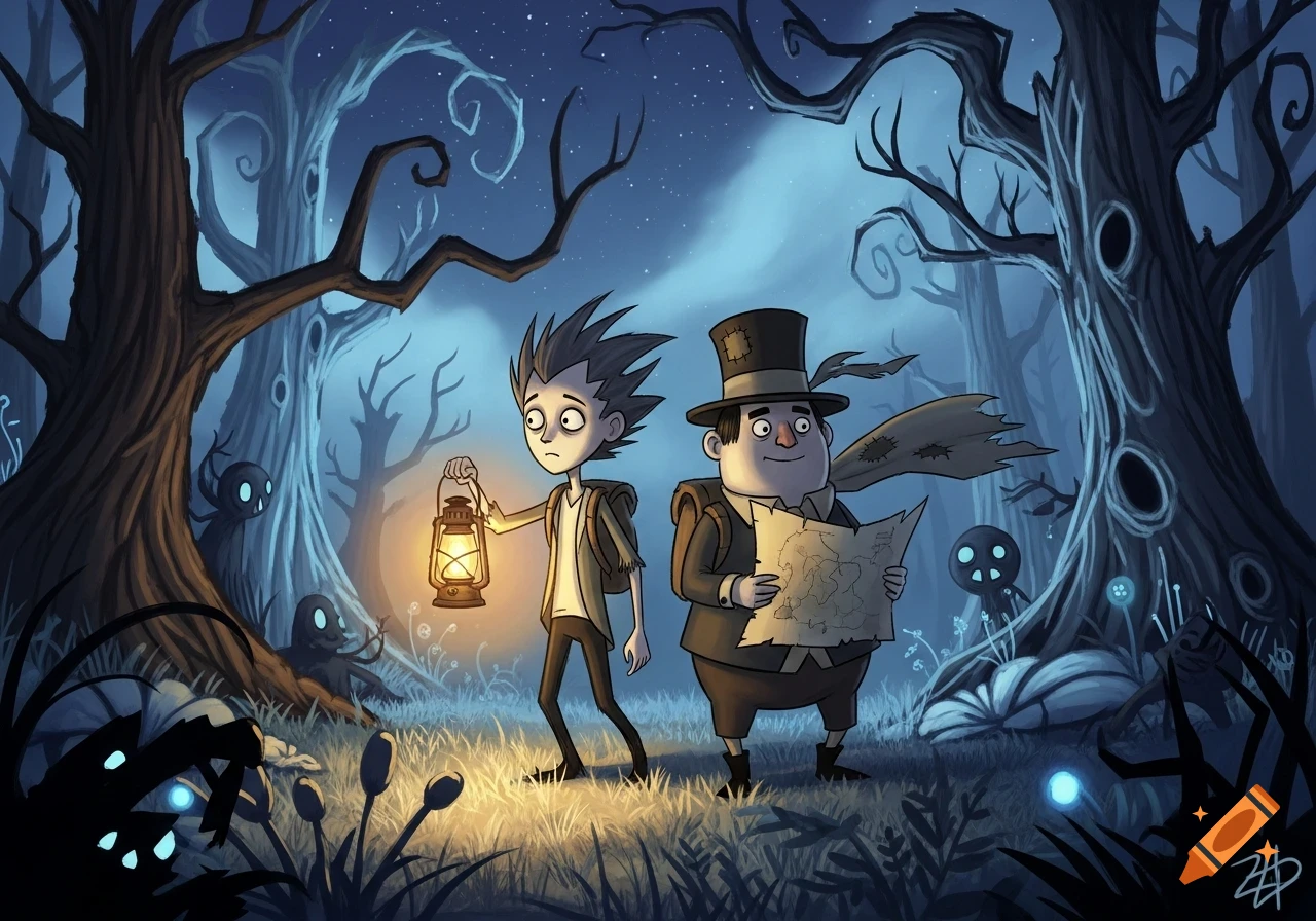 A lanky character with spiky hair holding a lantern and a stout man with a top hat holding a map walk through a dark, whimsical forest at night. Cartoon style.