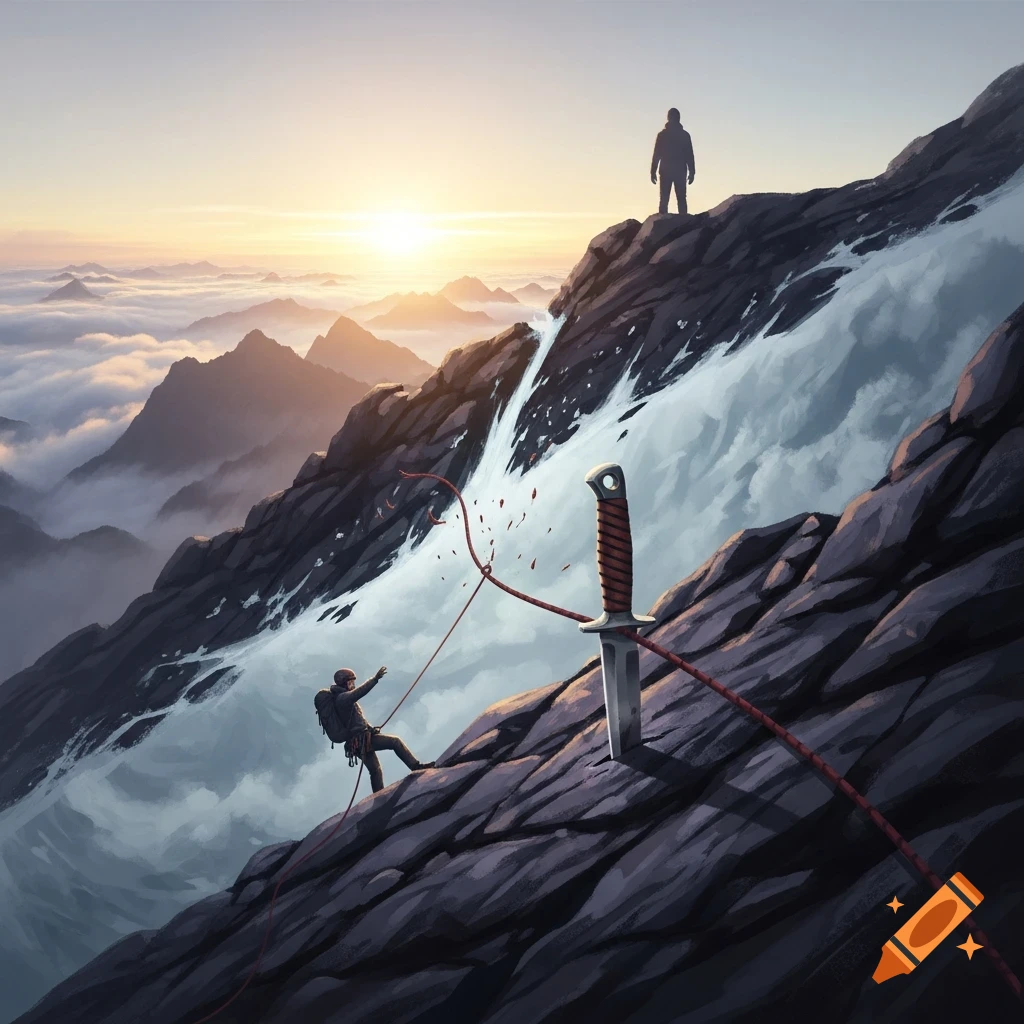 Digital illustration of mountain climbers at sunrise. A knife is stuck in the rock, cutting a rope with red spatters.