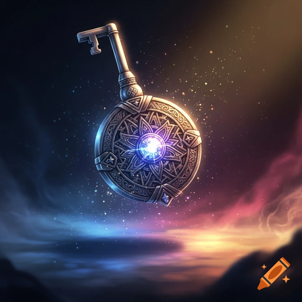 An ornate fantasy key with a glowing blue center, intricate carvings, floating against a starry cosmic background with colorful nebulae.