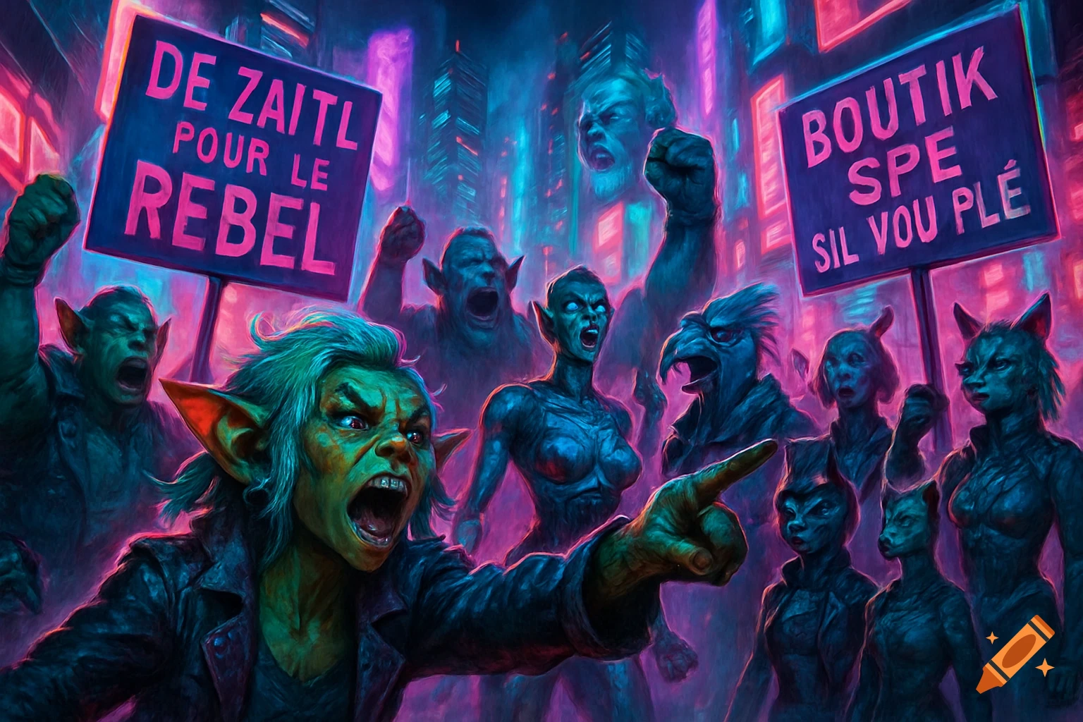 A group of fantasy creatures, including goblins and bird-people, protest in a neon-lit cyberpunk city, holding signs with French text.