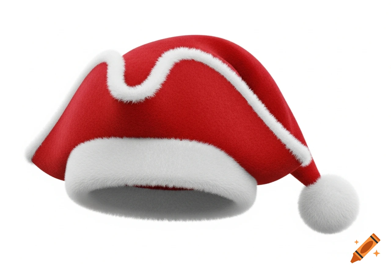 Red and white Santa hat shaped like a pirate hat, with fluffy trim and a pom-pom, on a white background.