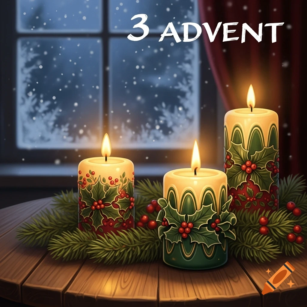 Three lit Advent candles decorated with holly and pine branches on a wooden table, with a snowy window and '3 ADVENT' text.