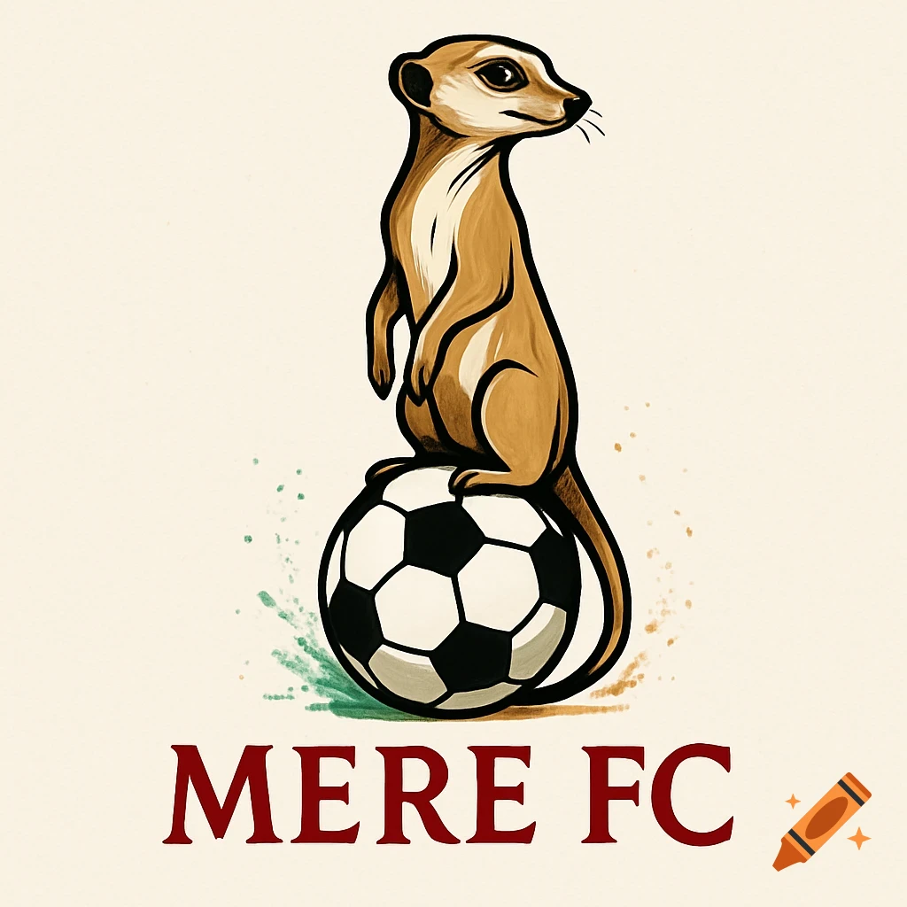 A cartoon illustration of a brown meerkat balancing on a black and white soccer ball, with 'MERE FC' in red text below it.