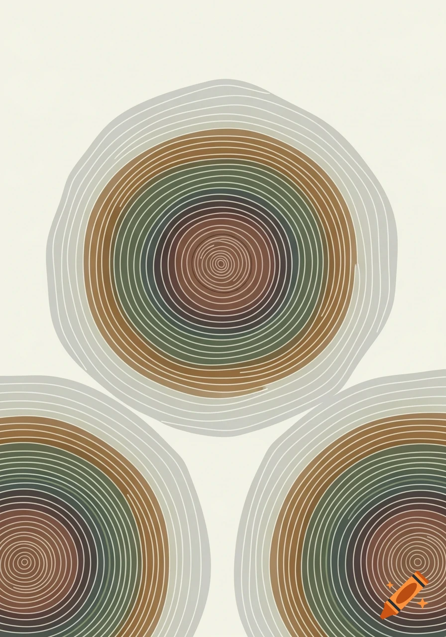 Abstract art with three overlapping, stylized tree ring patterns in muted earth tones on a light background.