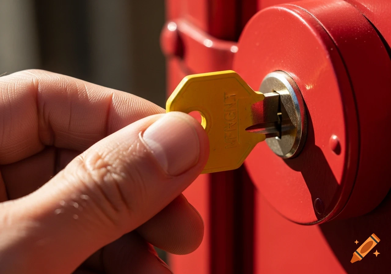 A close-up of a hand inserting a yellow key with a label into a red lock, photorealistic.