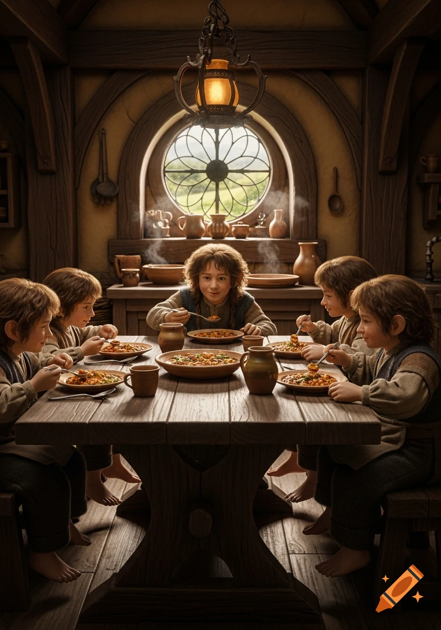 Hobbit-like figures with curly hair eat steaming goulash at a rustic wooden table in a cozy, detailed kitchen.