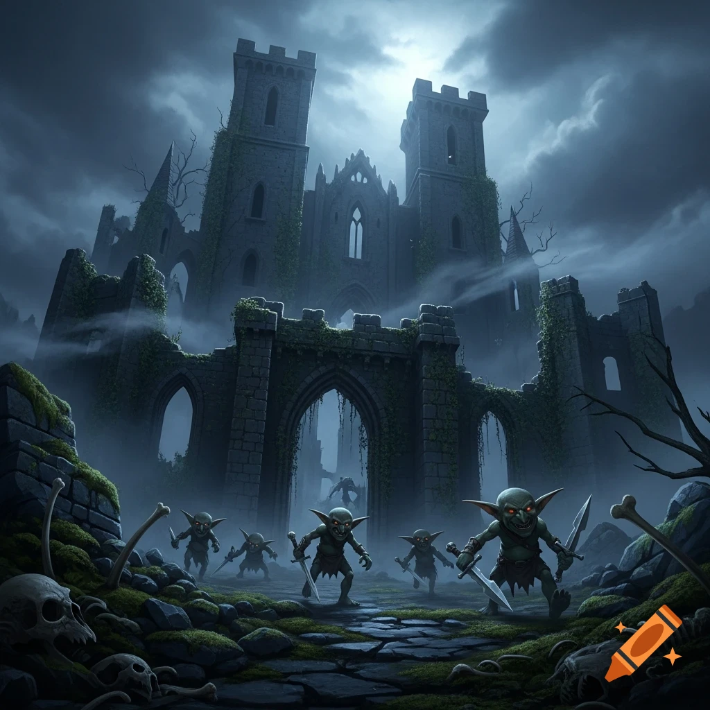 Five small goblins with daggers emerge from fog-covered ruins of a dark castle under a cloudy night sky, with skulls and bones on the ground.