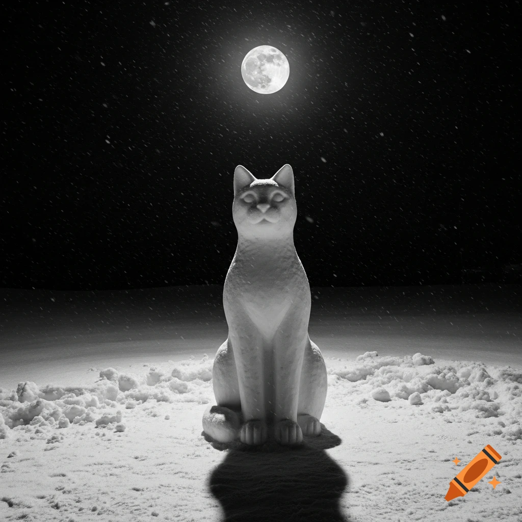 A black and white photo of a snow statue of a cat sitting in a snowy field at night, under a full moon with falling snow.