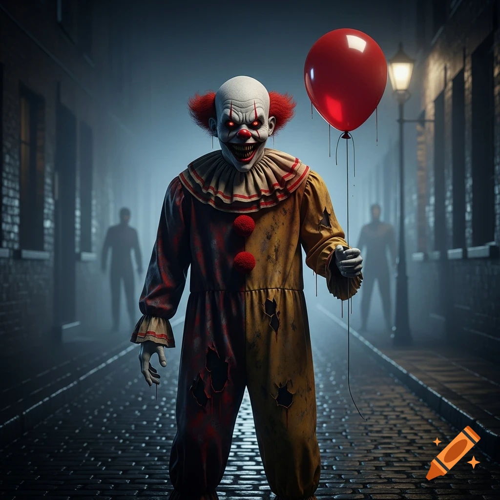 A hyper-realistic horror clown with cracked white face paint, glowing red eyes, and a jagged grin stands in a dark, foggy alley, holding a red balloon.