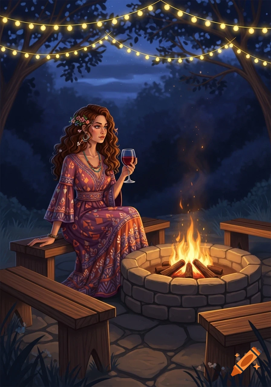 An illustrated bohemian woman in a patterned dress sits by a campfire under string lights at night, holding a glass of wine.