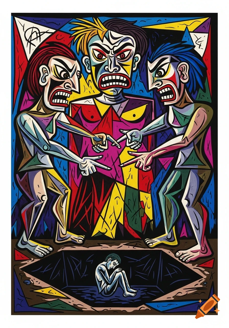 An abstract, Picasso-style painting shows three angry, colorful figures pointing at a small, sad person in a dark pit.