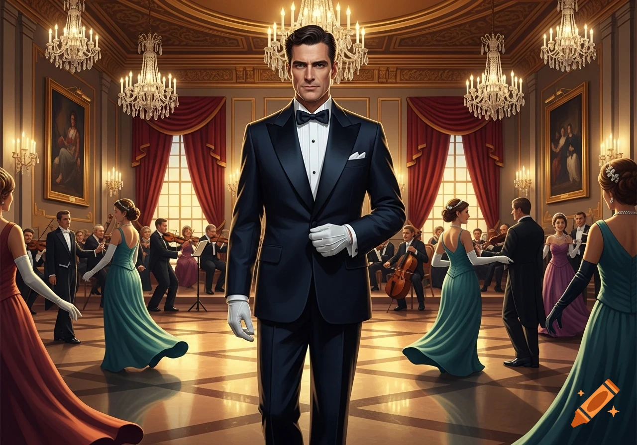 A man in a tuxedo stands prominently in a grand, opulent ballroom, surrounded by elegantly dressed guests and an orchestra playing.