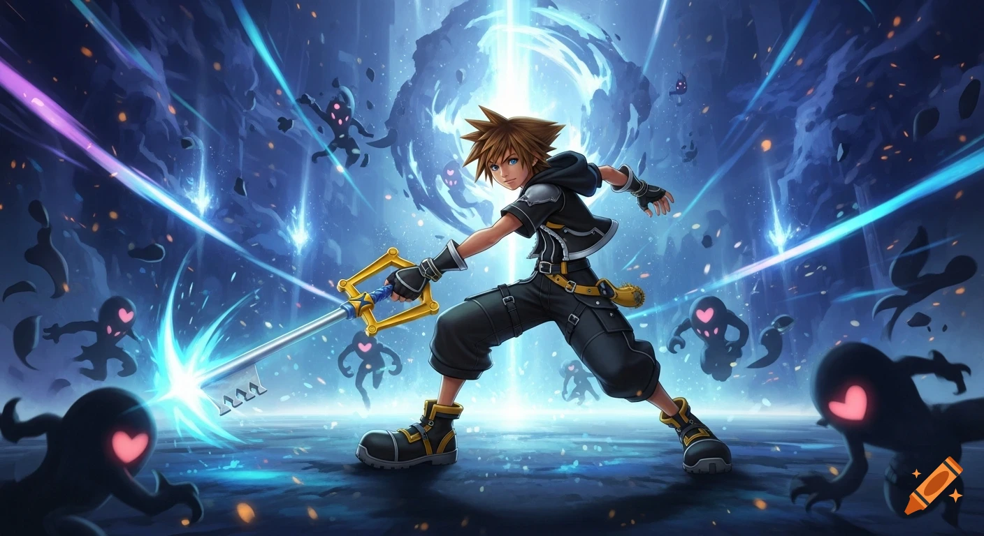 Sora from Kingdom Hearts battles shadowy creatures with his Keyblade amidst glowing blue and purple energy blasts in a dramatic anime style.