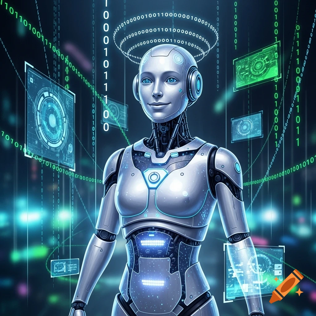 A humanoid female robot with blue eyes and glowing chest plate stands amidst falling green and blue binary code and holographic displays in a futuristic, digital art style.