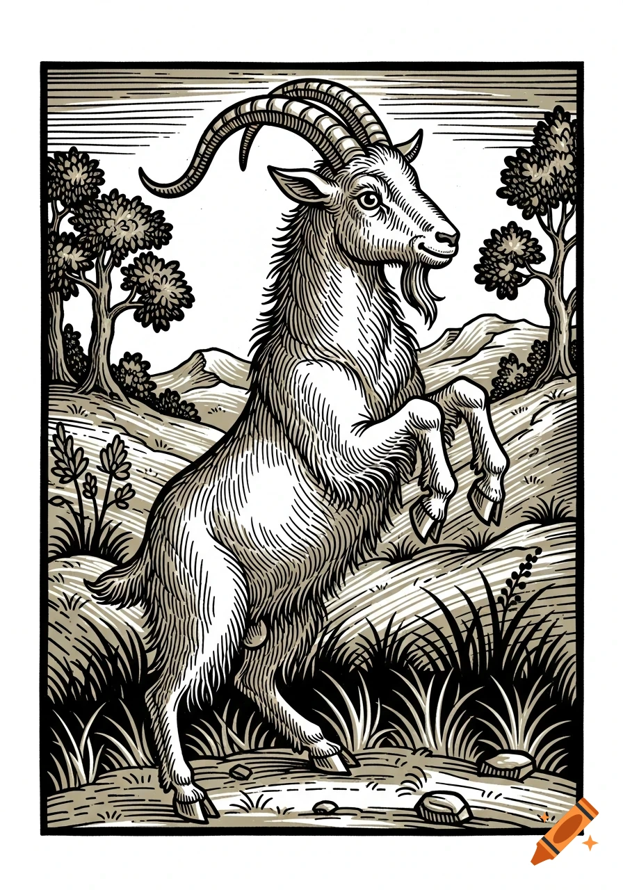 Medieval woodcut illustration of a goat standing on its hind legs in a hilly, grassy landscape with trees.