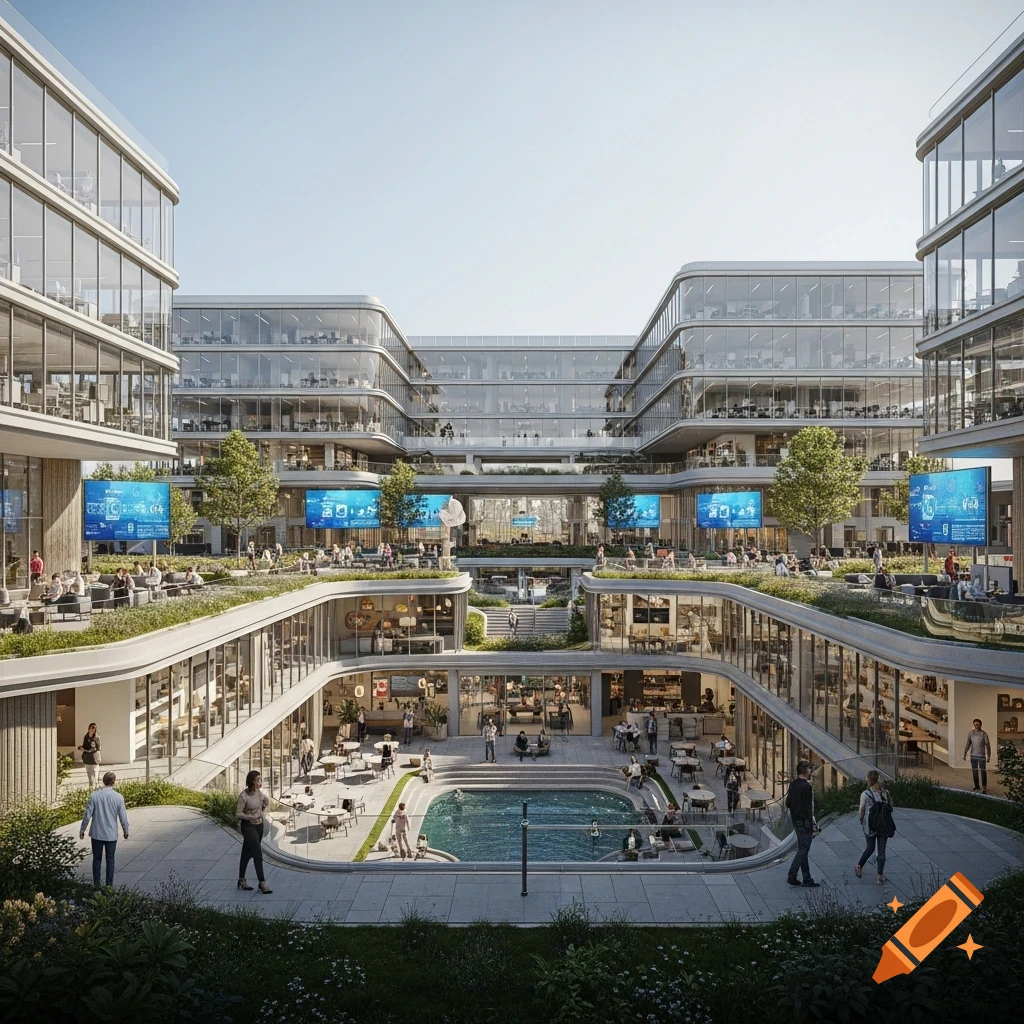 A sprawling, multi-level modern campus with glass buildings, green terraces, an outdoor pool, and many people.