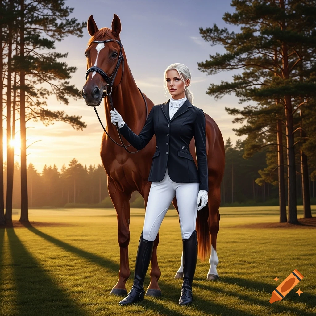 A woman in riding attire holds a brown horse by a lead in a sunny field with pine trees at sunset.