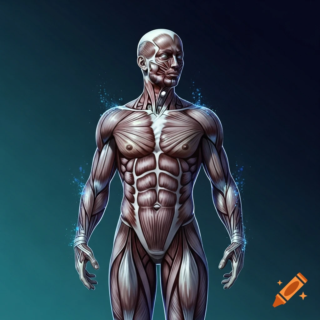 Detailed anatomical illustration of a male human body showing musculature, against a dark teal background with glowing particles.