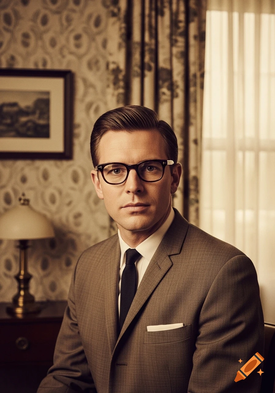 A vintage 1960s portrait of a man in glasses, a suit, and a tie, looking directly at the viewer, against patterned curtains.