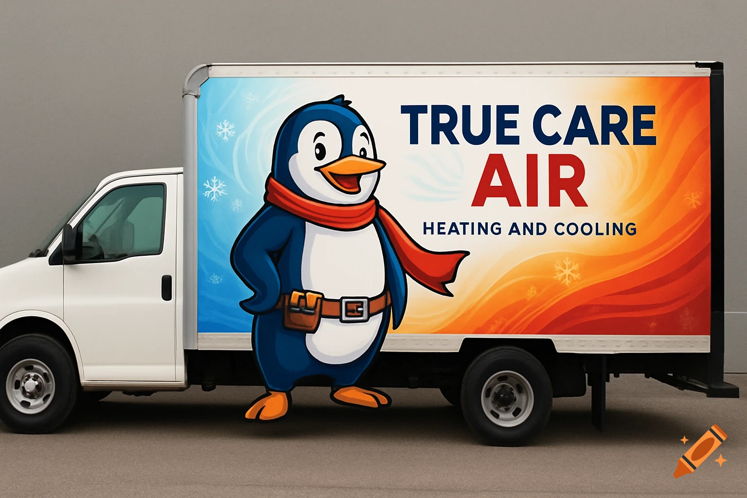 A white delivery truck with a colorful wrap for "TRUE CARE AIR HEATING AND COOLING," featuring a smiling cartoon penguin mascot in a red scarf.