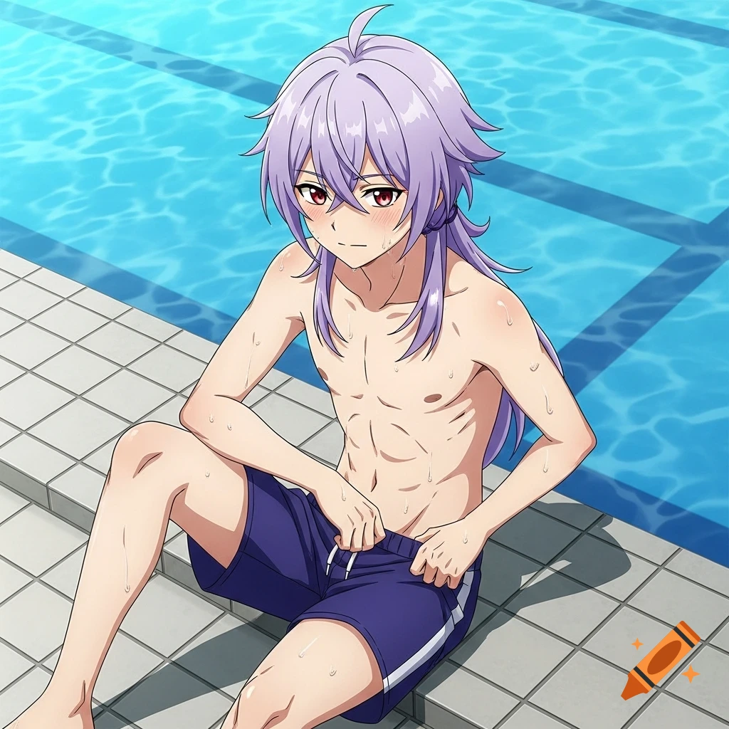 An anime illustration of a lavender-haired male character with red eyes, sitting by a swimming pool, wearing blue swim trunks.