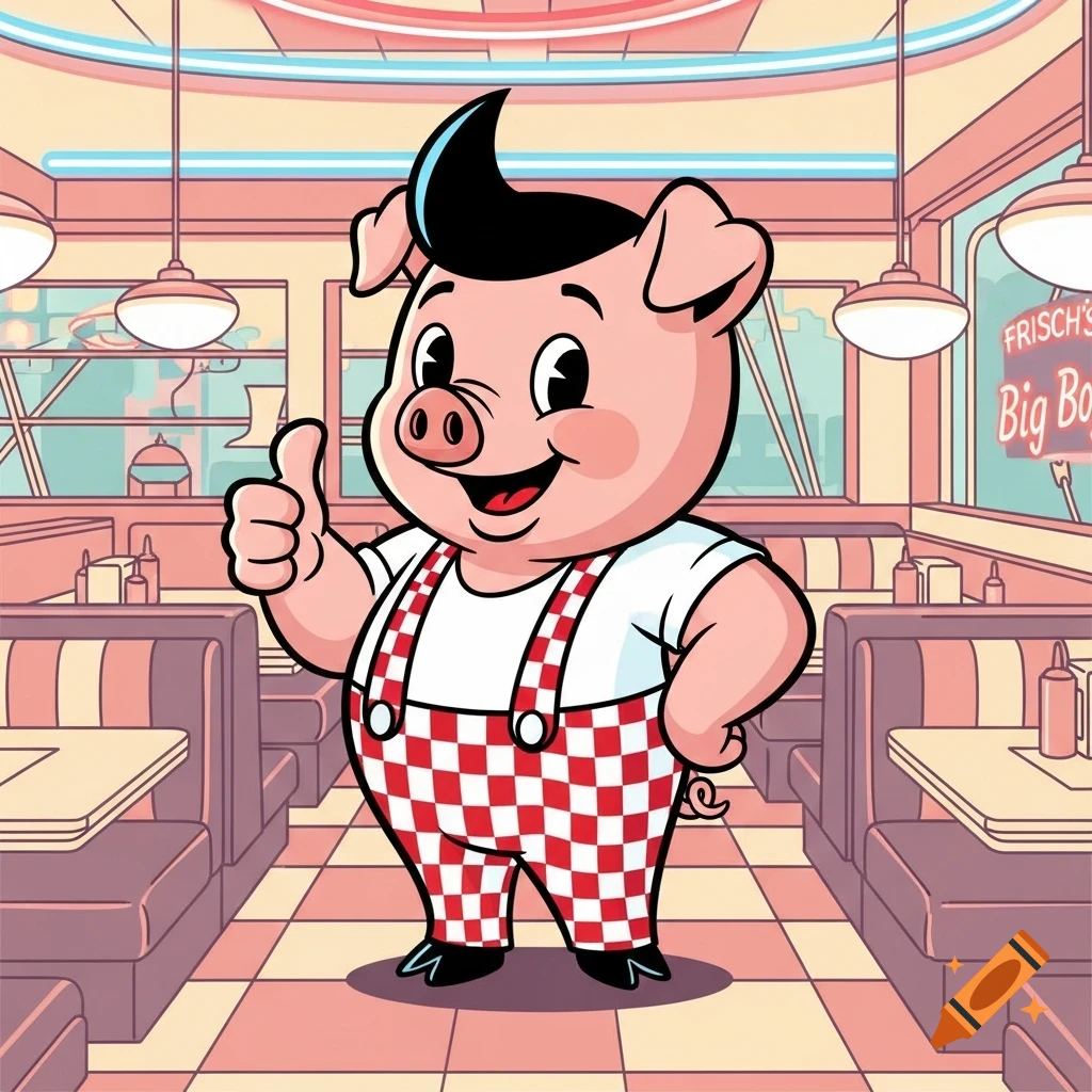A cartoon pig with a pompadour, wearing white t-shirt and red checkered overalls, gives a thumbs up in a retro diner.