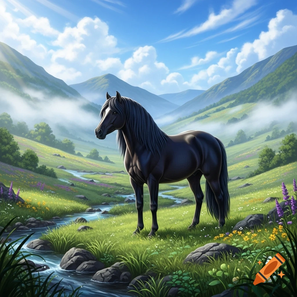 A majestic black horse with a white blaze stands in a lush green valley with a winding stream, surrounded by misty mountains under a bright blue sky.