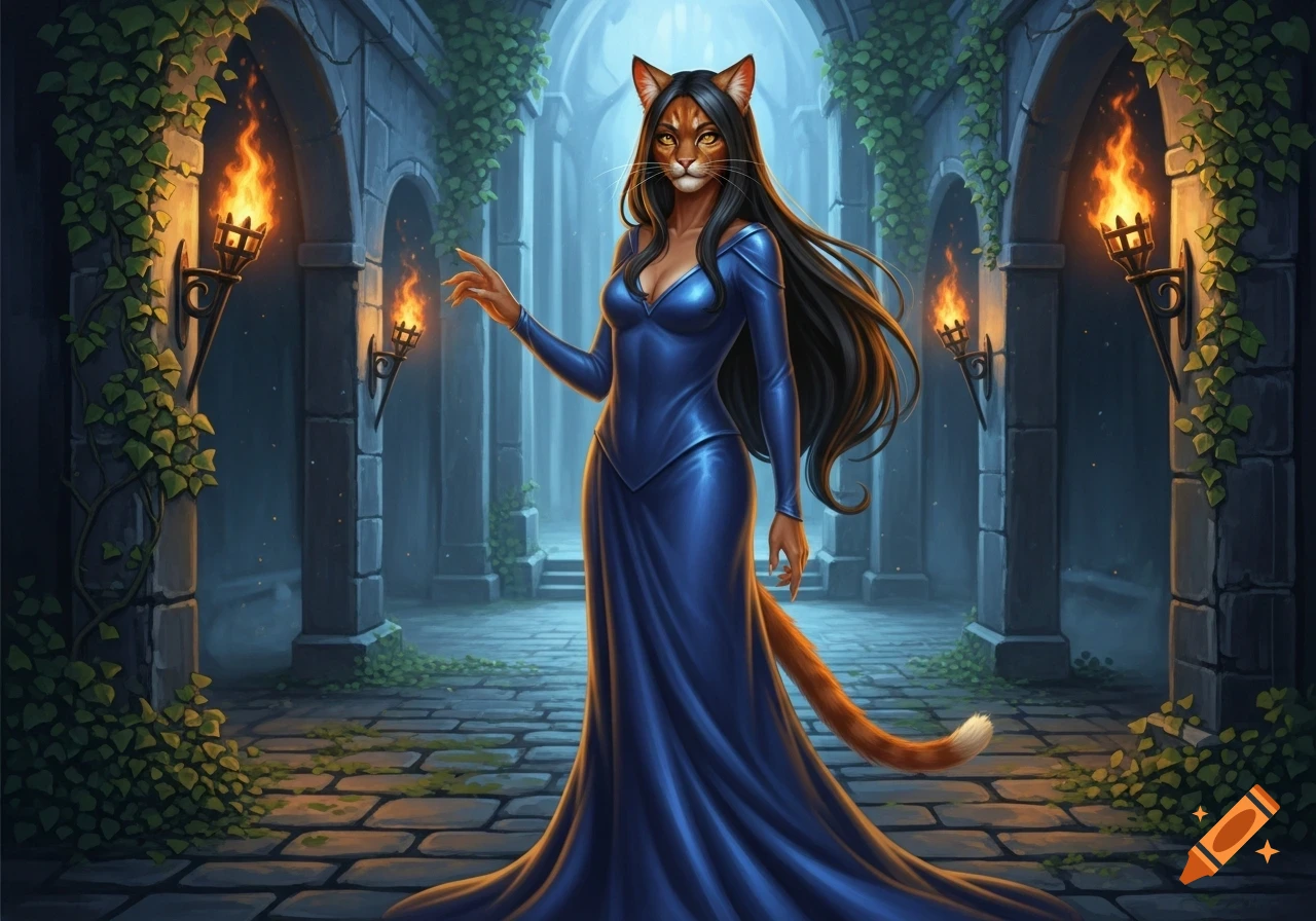 A cat-like woman in a shiny indigo dress stands in a torch-lit stone archway adorned with ivy.