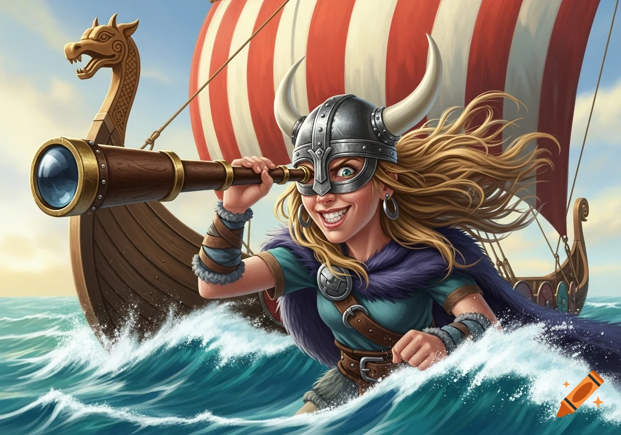 A funny, cartoonish female Viking in a horned helmet looks through a telescope with an exaggerated eye, on a stormy sea with a Viking ship.