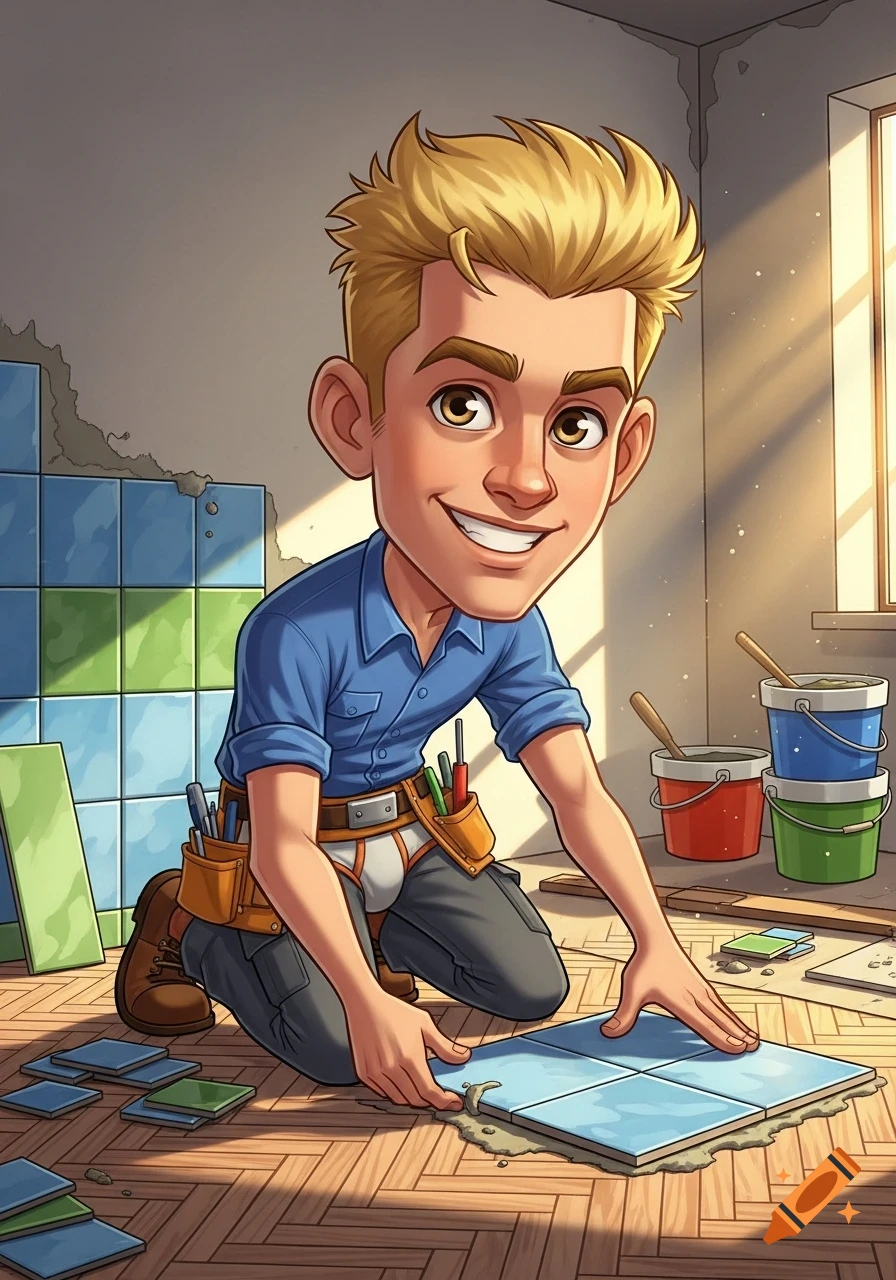 A cartoon-style young blond tiler kneels, laying blue tiles on a wooden floor in a room, with his work pants slightly low. Tools and buckets are nearby.