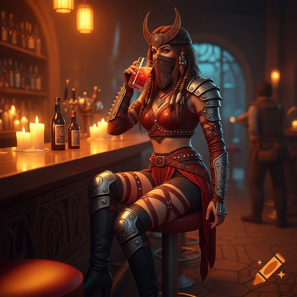 A woman in a red and silver warrior outfit and face mask sits at a dimly lit bar, drinking a cocktail.