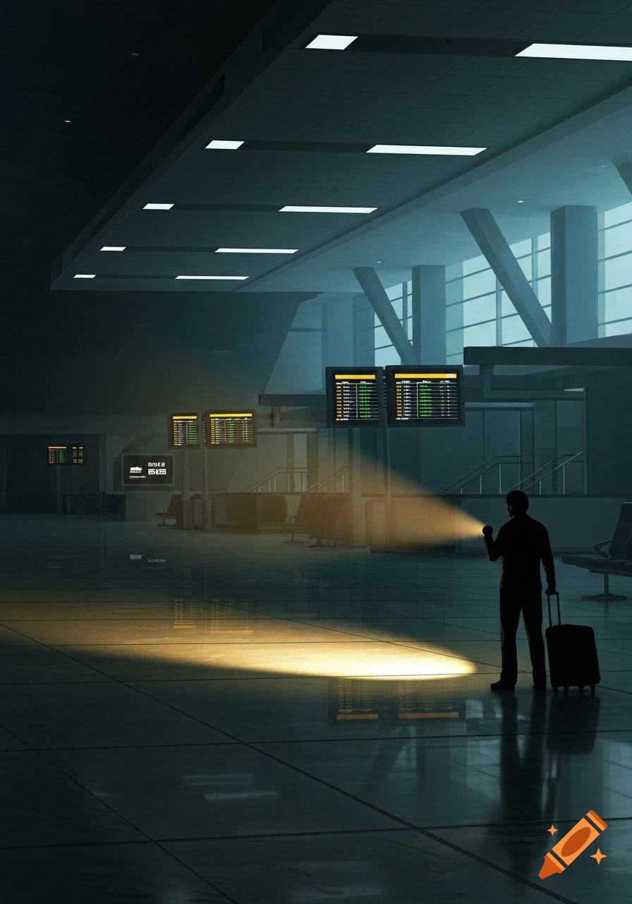 Photorealistic image of a lone silhouette holding a flashlight, illuminating a dark, empty airport terminal.