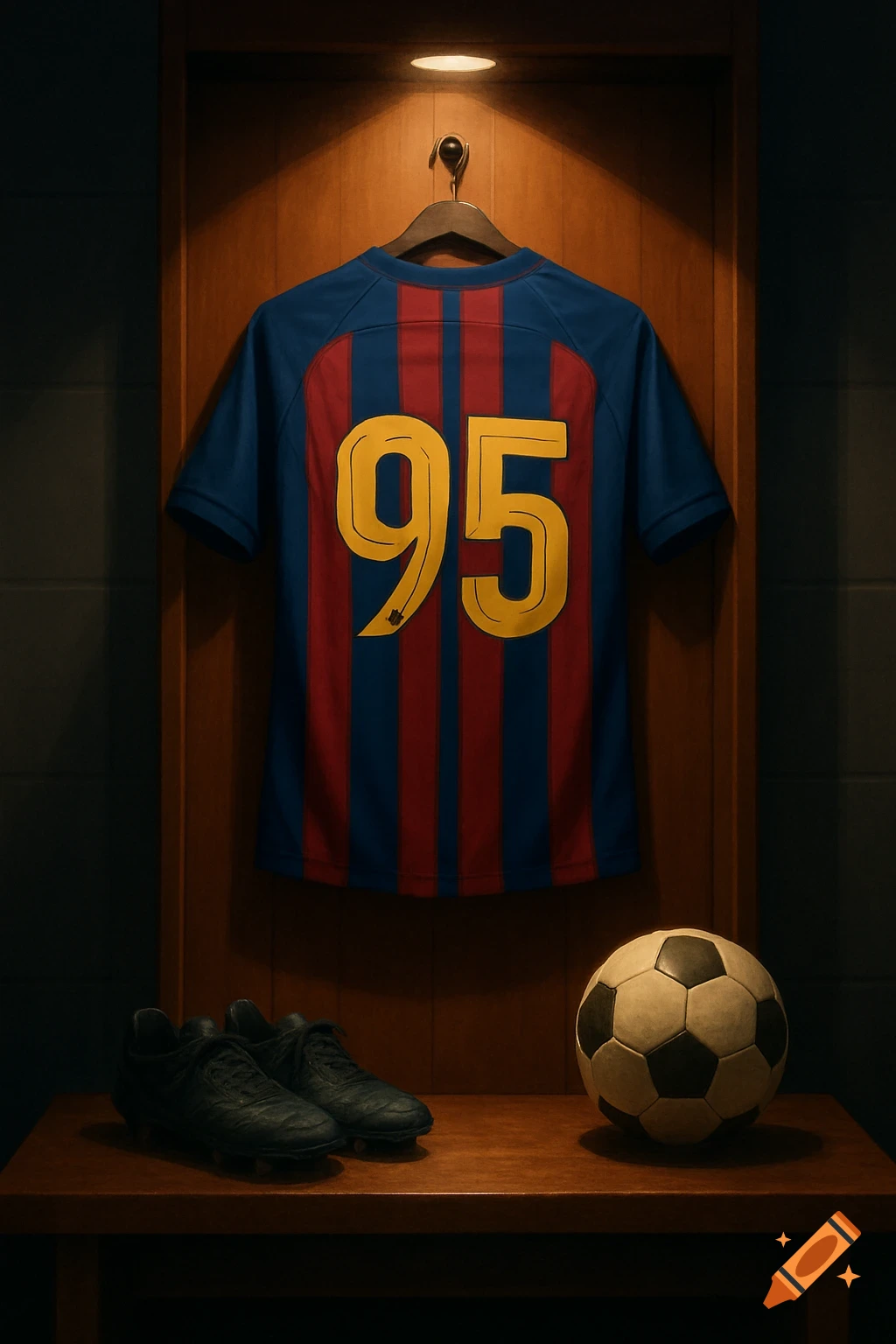 A blue and red striped soccer jersey with number 95 hangs in a locker above a soccer ball and cleats on a wooden bench.