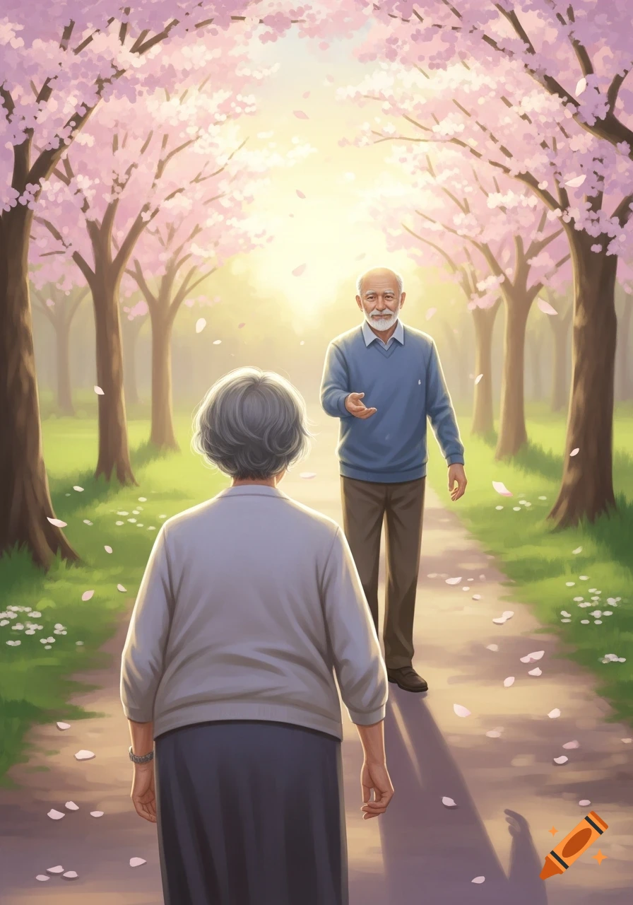 Illustration of an elderly woman walking towards her husband on a path in a cherry blossom park, he is reaching out his hand.